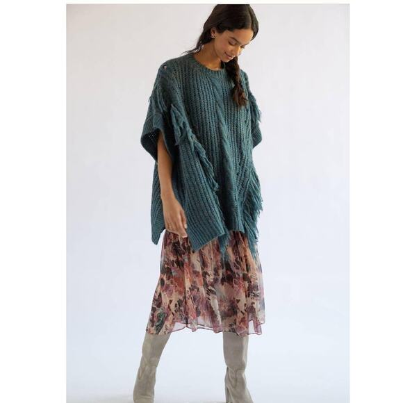 New Anthropologie Marled Fringe Cable Knit Poncho $120 ONESIZE Turquoise - Picture 2 of 4